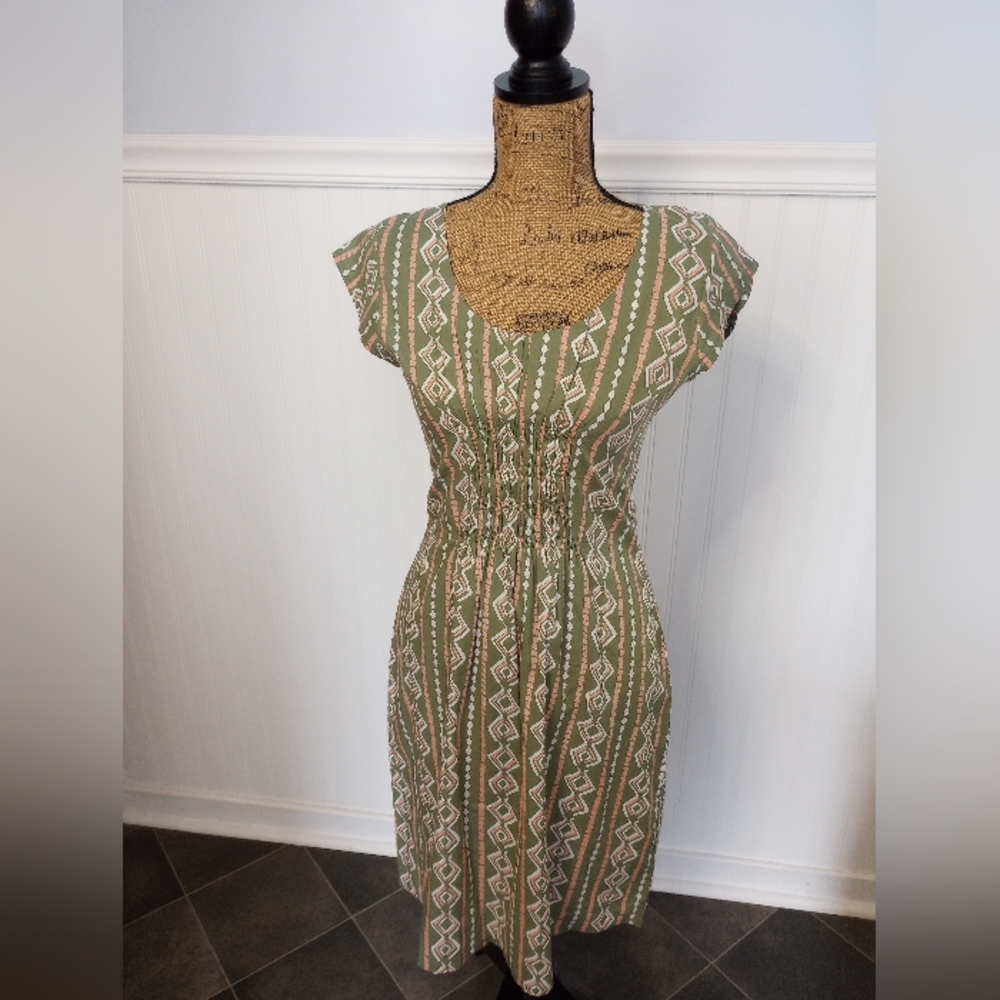 NWT Mata Traders Artsy Traveler Dress Green Boho Block Print 100% Cotton Size M